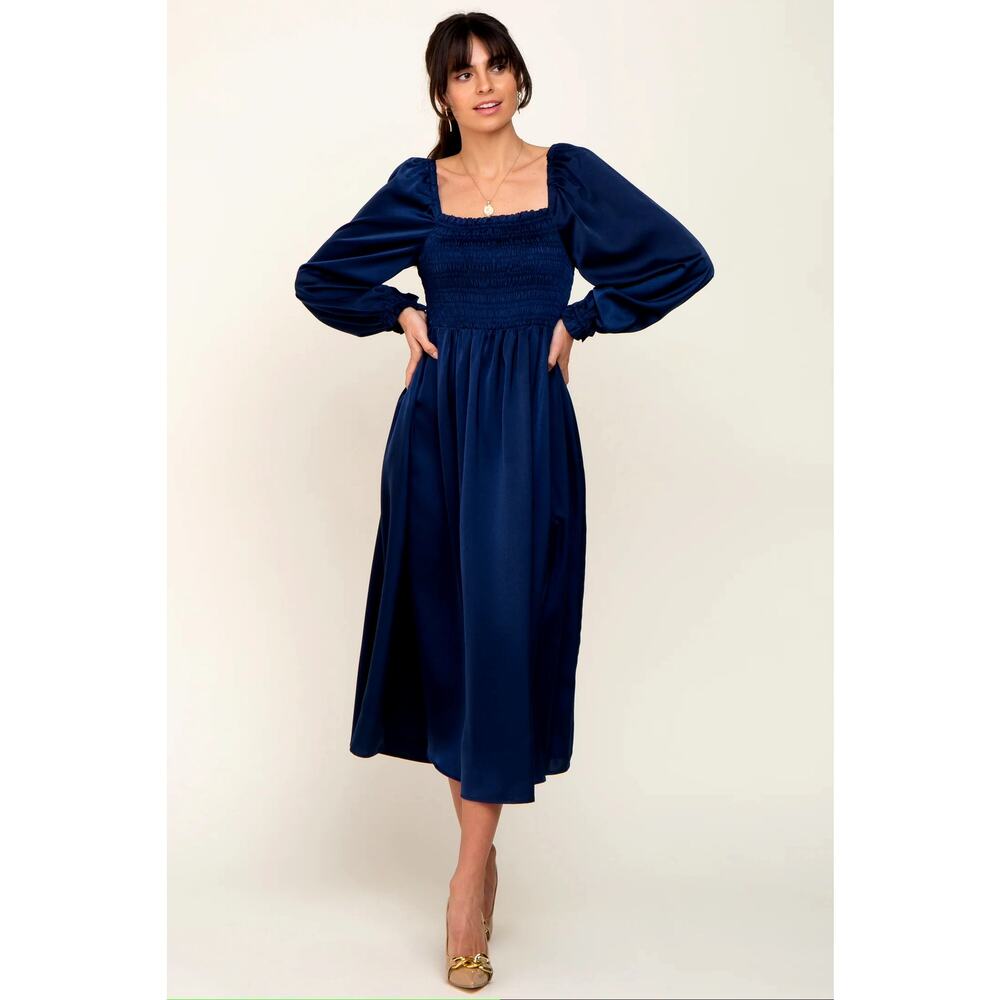 Navy Smocked Cottage Puff Sleeve Midi Dress with Pockets by Gap _XS Petite